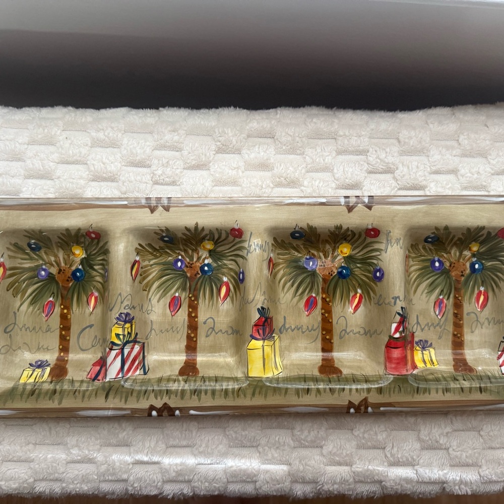 TABLETOPS UNLIMITED BORA BORA HANDPAINTED 4 SECTION RELISH DISH‎ CHRISTMAS